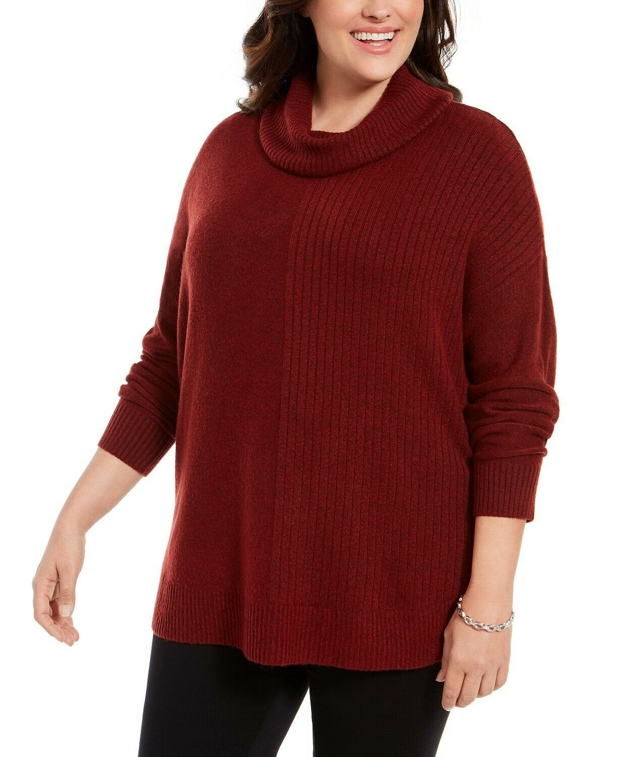 Suéter túnica feminino estilo &amp; co com gola alta e nervuras em ponto misto, vinho, tamanho extrapequeno