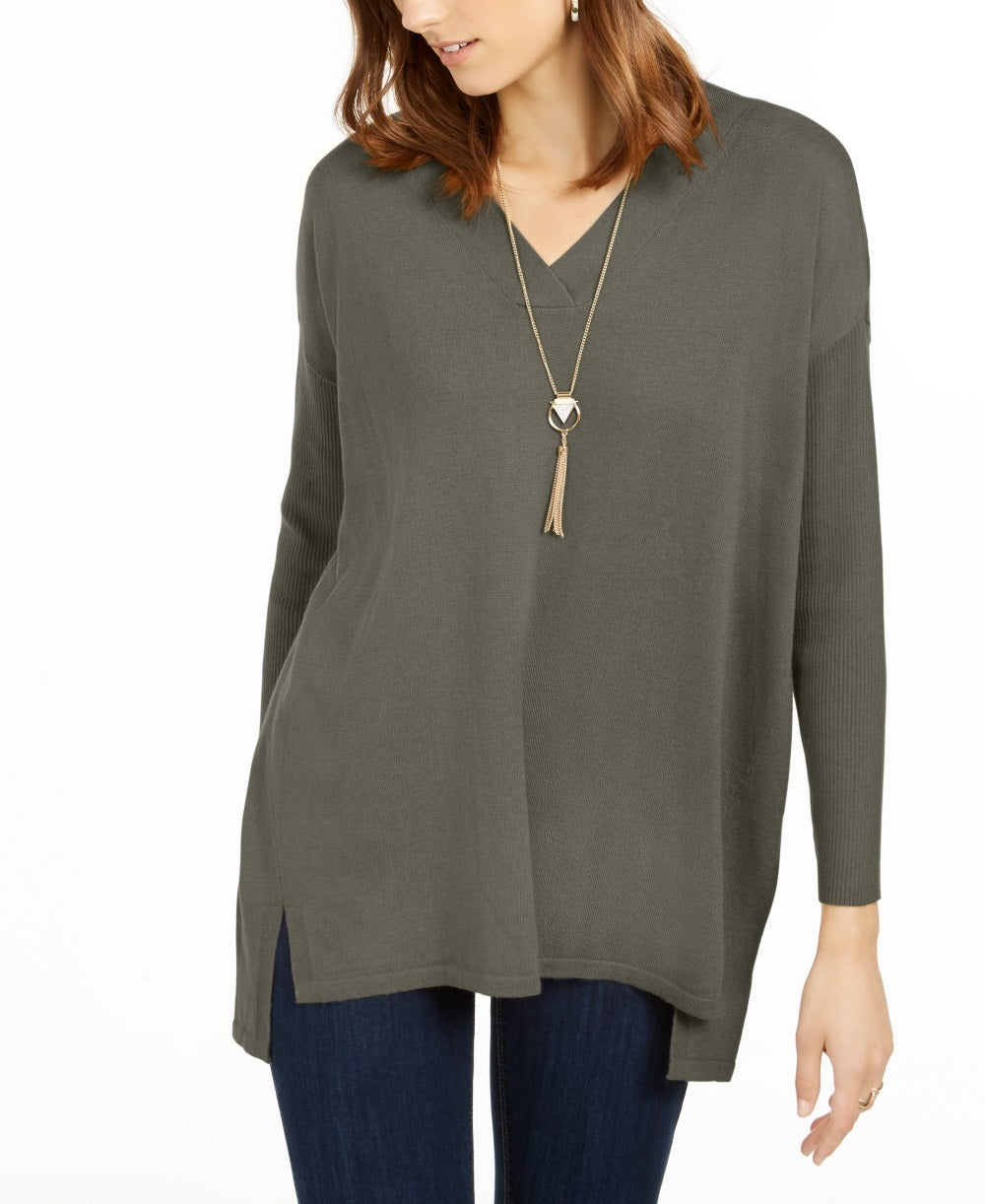 Suéter túnica feminino com decote em V estilo &amp; co, verde, tamanho X-S