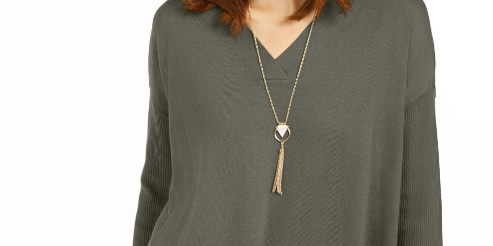 Suéter túnica feminino com decote em V estilo &amp; co, verde, tamanho X-S