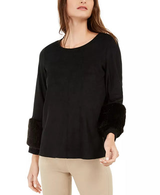 Blusa feminina Alfani de camurça sintética e pele sintética, preta, tamanho médio