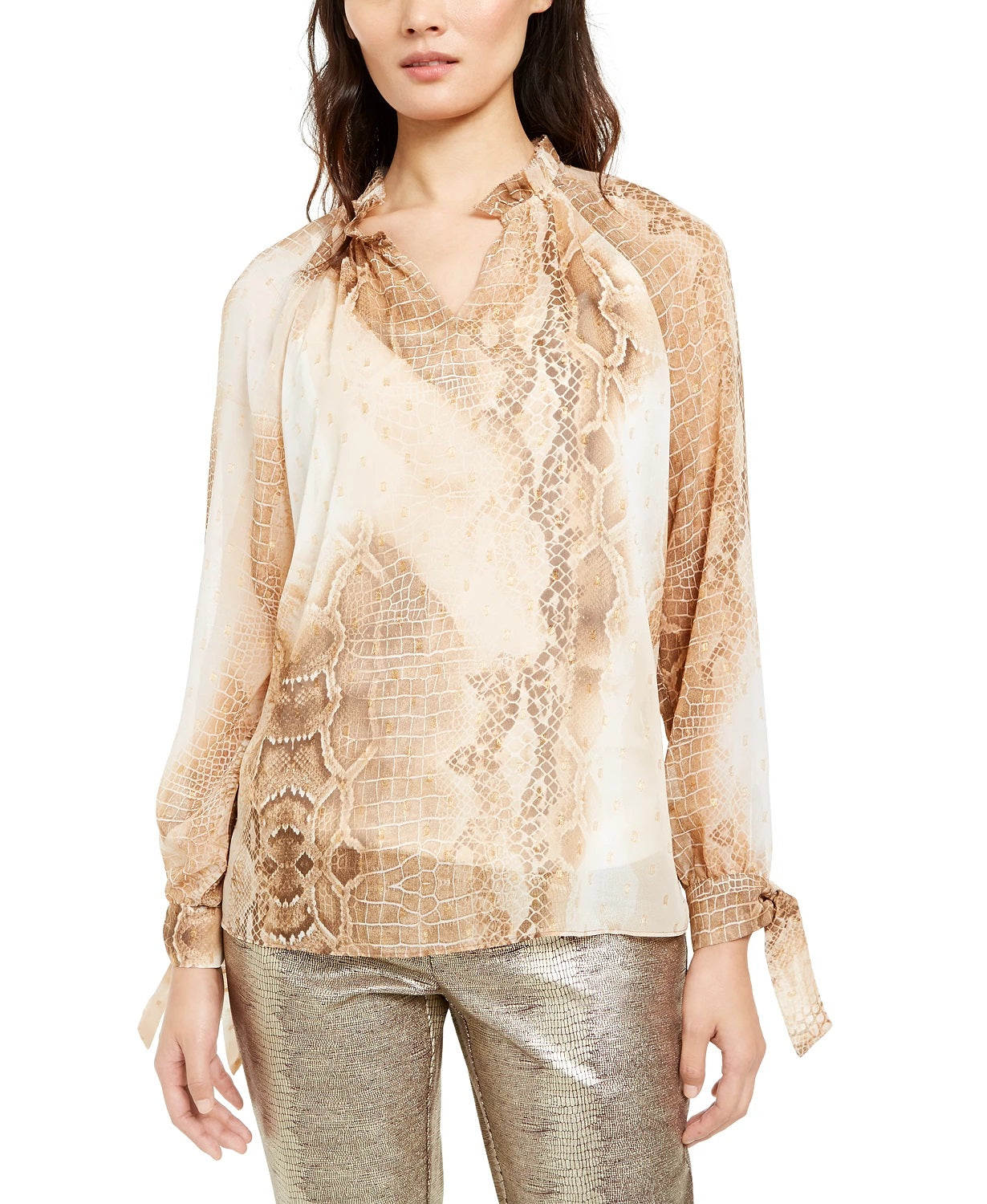 Blusa feminina Alfani com estampa de cobra e manga amarrada, bege, cáqui, tamanho grande