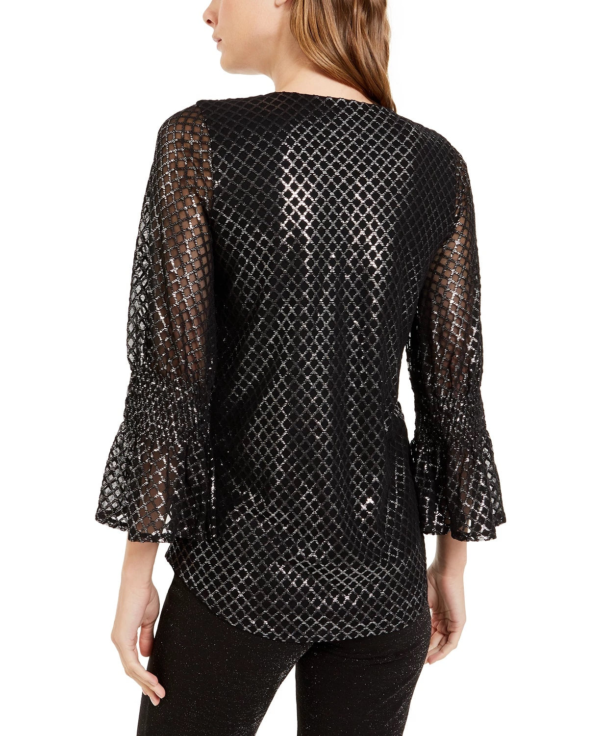 Blusa Alfani Feminina com Estampa Metálica e Mangas Smocked, Cinza Médio, Tamanho Extra Pequeno