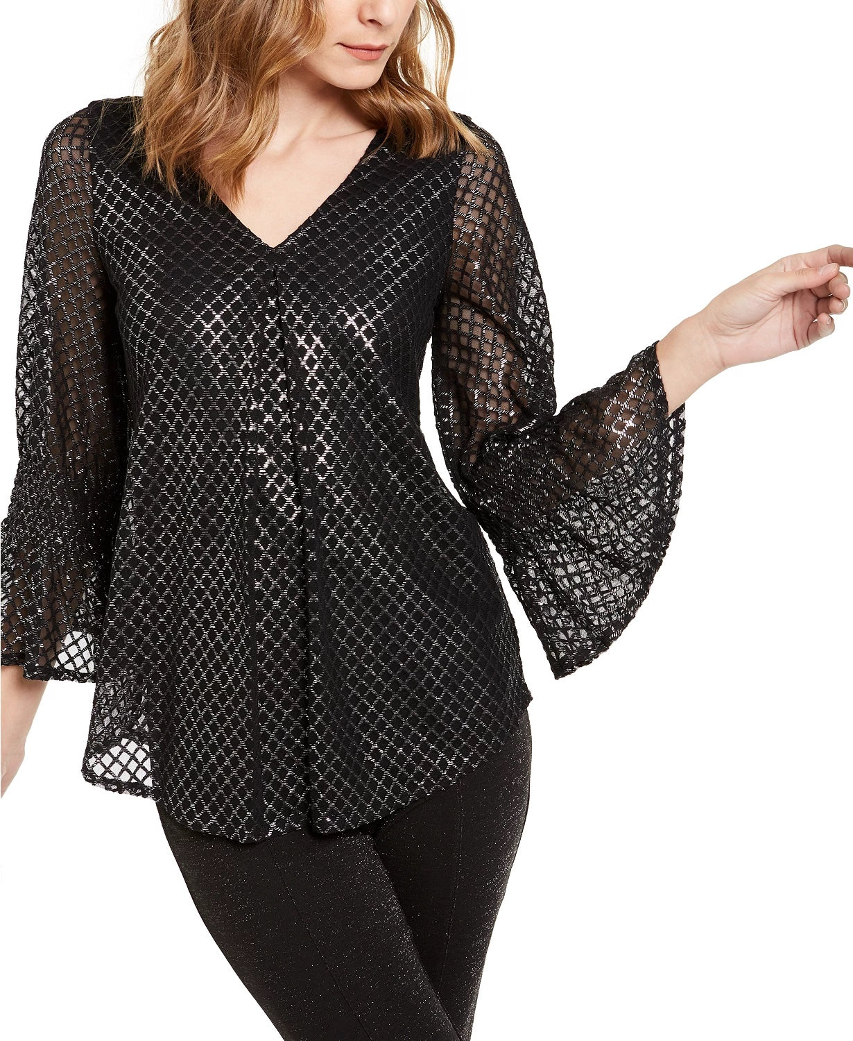 Blusa Alfani Feminina com Estampa Metálica e Mangas Smocked, Cinza Médio, Tamanho Extra Pequeno
