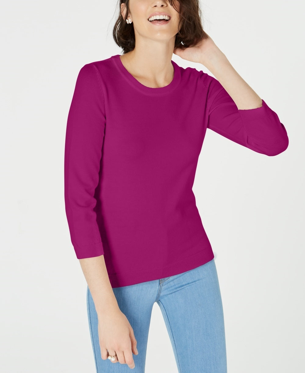 Suéter feminino Maison Jules com gola redonda e manga 3/4, rosa, tamanho pequeno