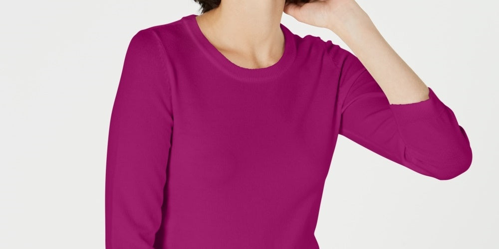 Suéter feminino Maison Jules com gola redonda e manga 3/4, rosa, tamanho pequeno