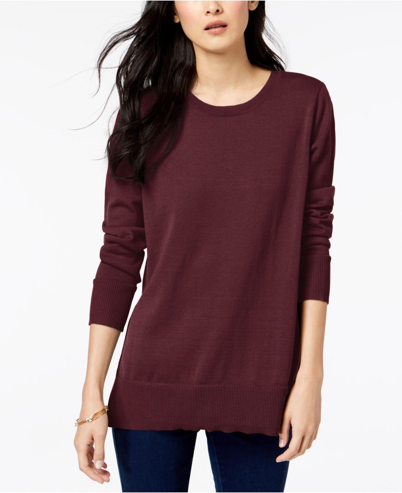 Suéter feminino Maison Jules com gola redonda e manga 3/4, vinho, tamanho médio