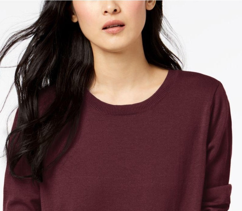 Suéter feminino Maison Jules com gola redonda e manga 3/4, vinho, tamanho médio