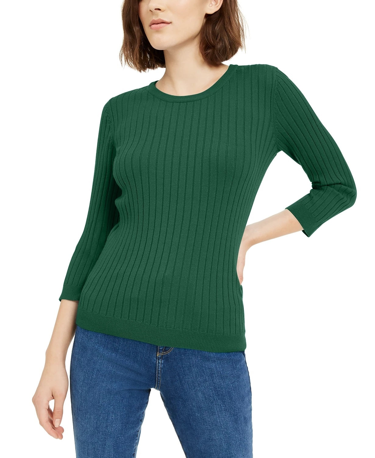 Suéter feminino Maison Jules com gola redonda canelada, verde, tamanho X-S