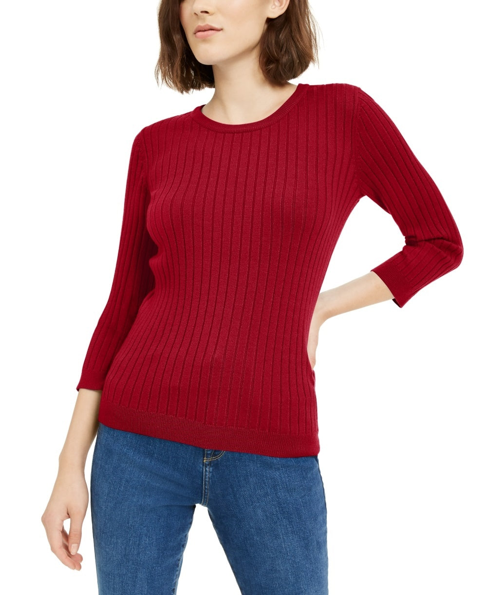 Suéter feminino Maison Jules com gola redonda canelada, tamanho médio, vermelho