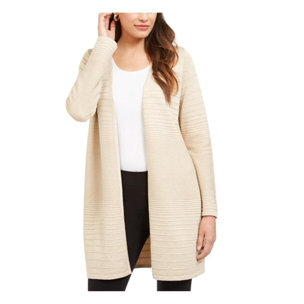 Cardigan feminino Alfani metálico com frente aberta, bege, tamanho pequeno