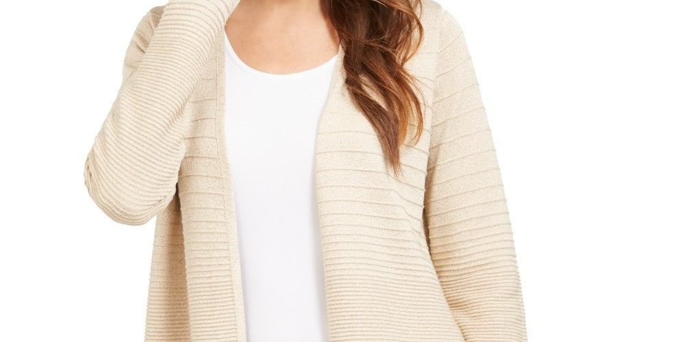 Cardigan feminino Alfani metálico com frente aberta, bege, tamanho extragrande