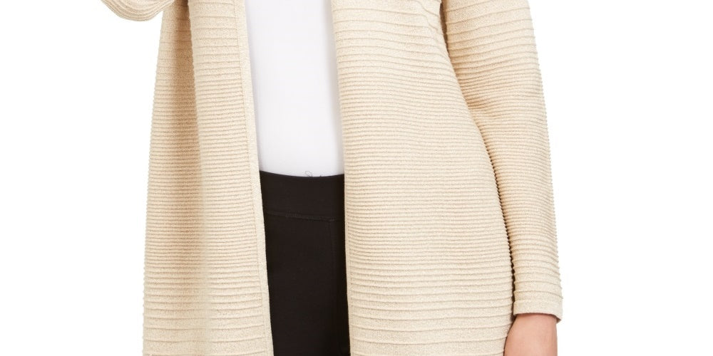 Cardigan feminino Alfani metálico com frente aberta, bege, tamanho extragrande