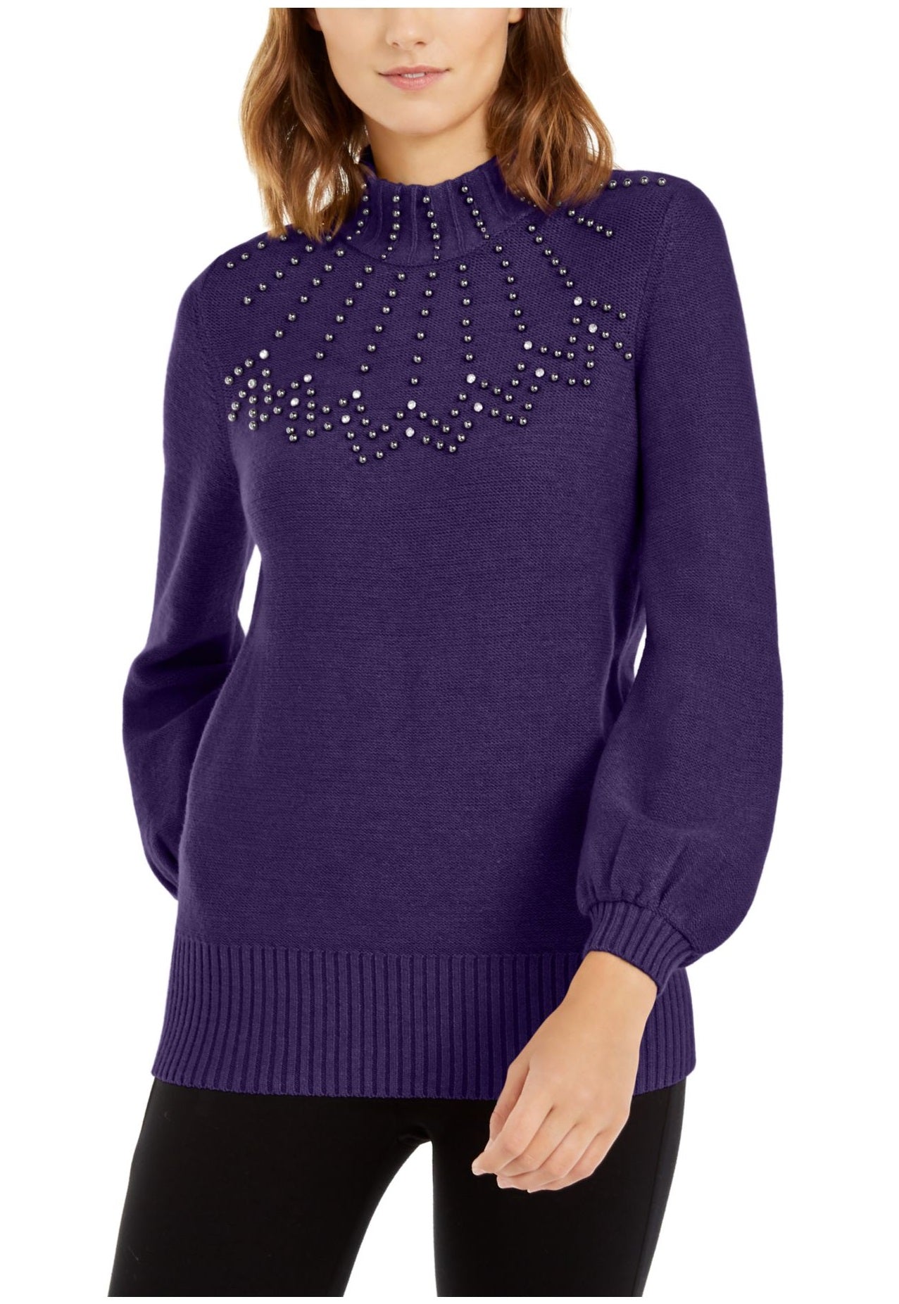Suéter feminino Alfani com gola alta e detalhes em roxo, tamanho grande