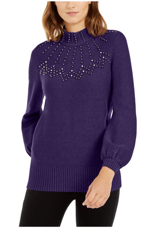 Suéter feminino Alfani com gola alta e detalhes em roxo, tamanho grande