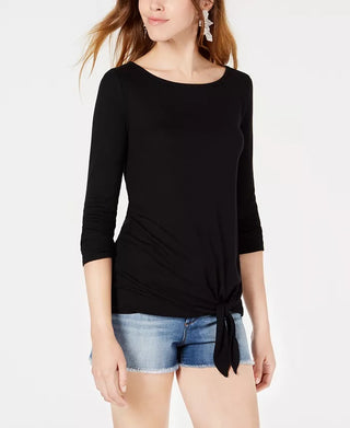 Blusa feminina Bar III com amarração na barra, preta, tamanho médio