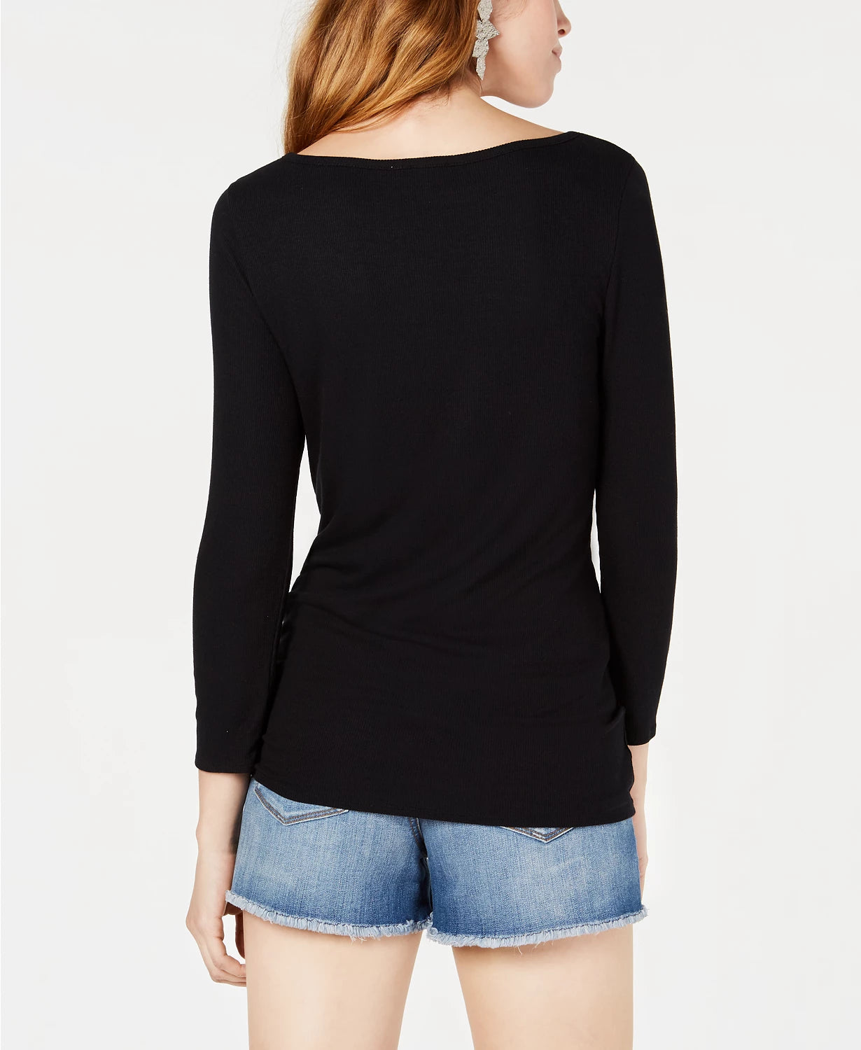 Blusa feminina Bar III com amarração na barra, preta, tamanho médio