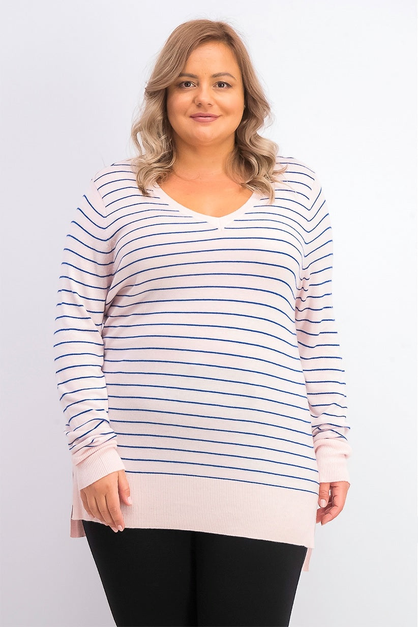 Suéter feminino listrado skinny Maison Jules, rosa, tamanho extragrande