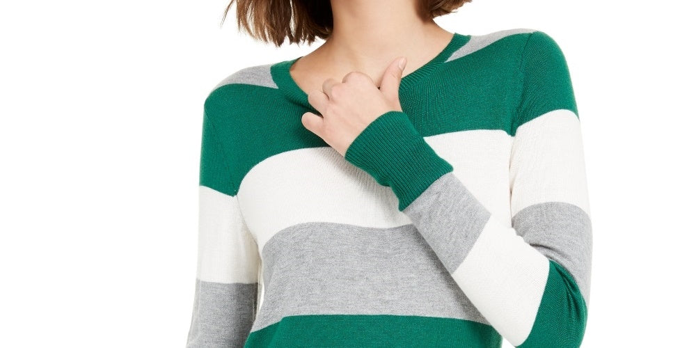 Camiseta feminina Maison Jules com estampa de blocos de cores, manga comprida, gola redonda, verde, tamanho pequeno