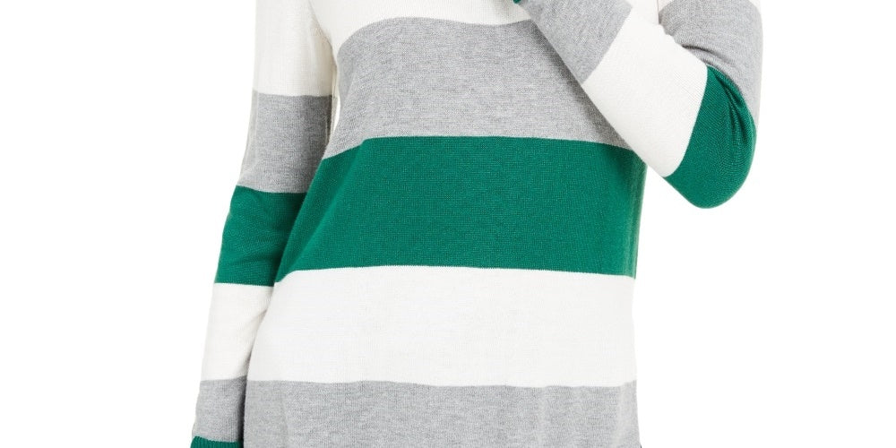 Camiseta feminina Maison Jules com estampa de blocos de cores, manga comprida, gola redonda, verde, tamanho pequeno