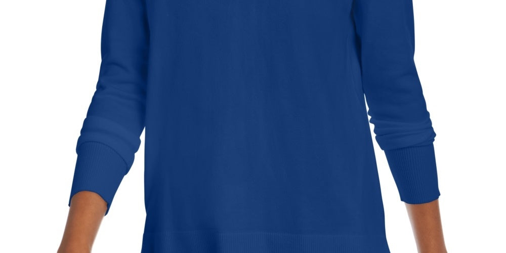 Suéter feminino Maison Jules com decote em V, azul, tamanho grande