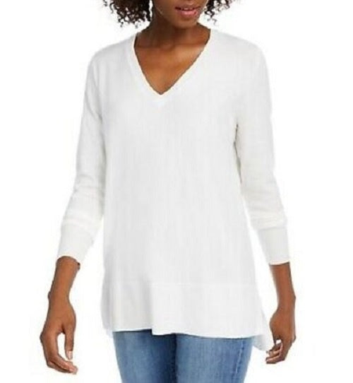 Suéter feminino Maison Jules com decote em V, branco, tamanho grande