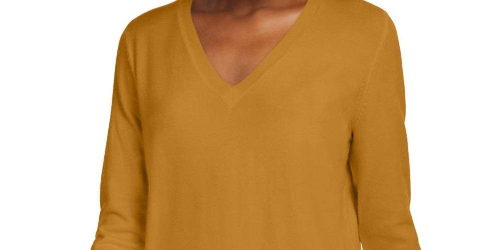Suéter feminino Maison Jules com decote em V, amarelo, tamanho extragrande