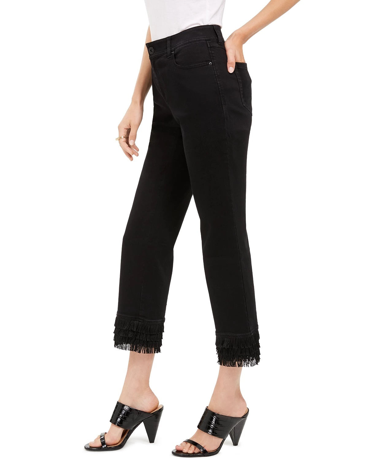 Calça jeans feminina com franjas e perna reta, tamanho 12, preta, da INC International Concepts