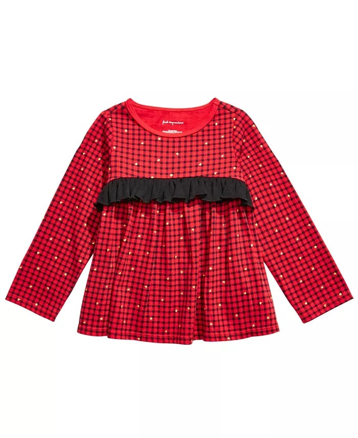 Camiseta infantil de algodão com manga comprida e babados First Impressions, tamanho 24 meses, vermelha