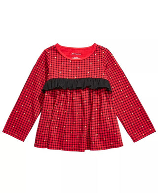 Camiseta infantil de algodão com manga comprida e babados First Impressions, tamanho 24 meses, vermelha