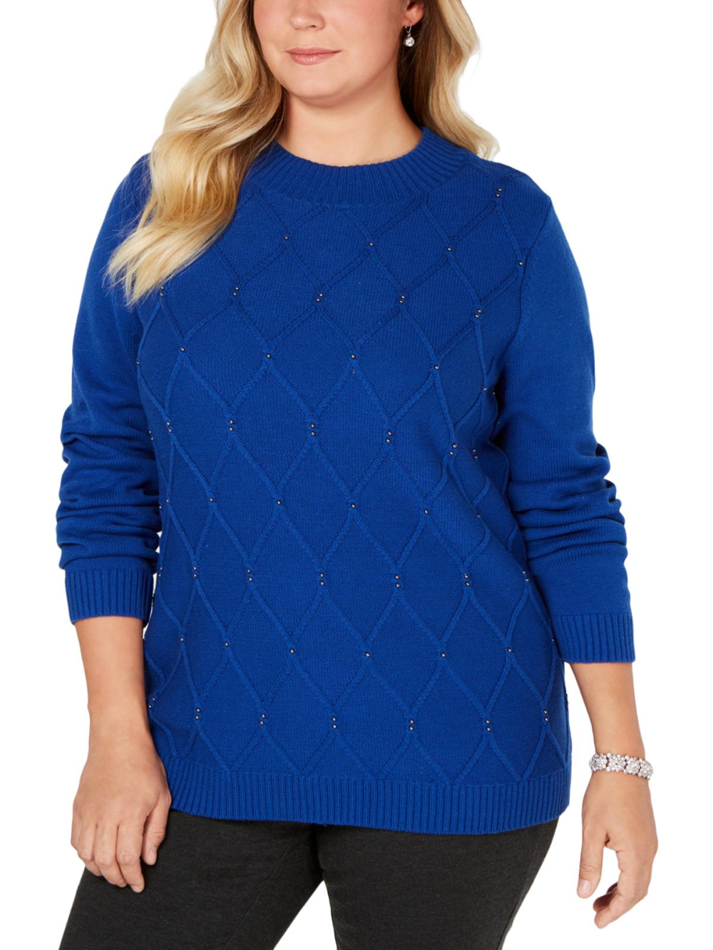 Karen Scott Suéter Feminino com Gola Simulada e Contas Azul Brilhante Tamanho Extra Grande