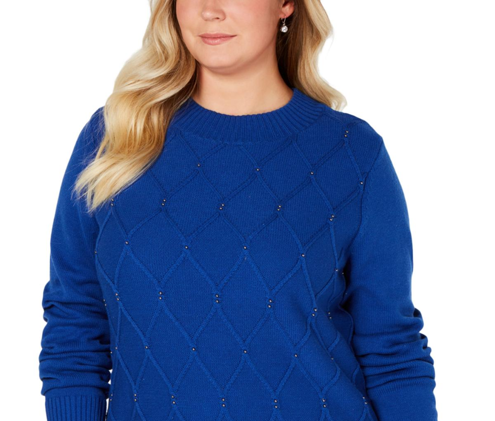 Karen Scott Suéter Feminino com Gola Simulada e Contas Azul Brilhante Tamanho Extra Grande