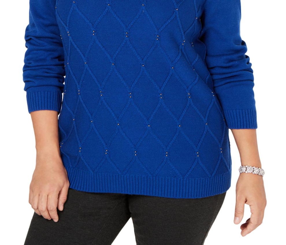 Karen Scott Suéter Feminino com Gola Simulada e Contas Azul Brilhante Tamanho Extra Grande