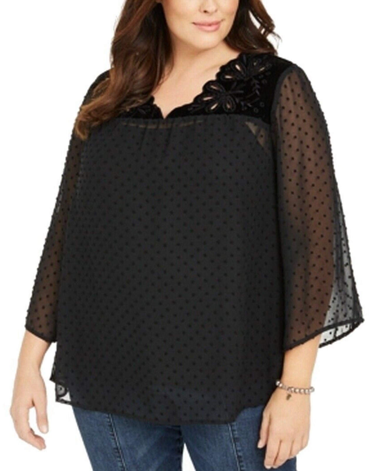 Top de veludo com jugo de bolinhas suíças feminino Style &amp; Co Plus, preto, tamanho 0X