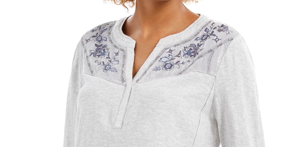 Blusa bordada com jugo de veludo feminino Style &amp; Co - cinza, tamanho pequeno médio