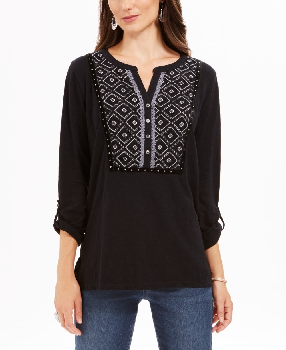 Blusa feminina estampada com mangas bufantes e abas estilo &amp; co, preta, tamanho pequeno grande