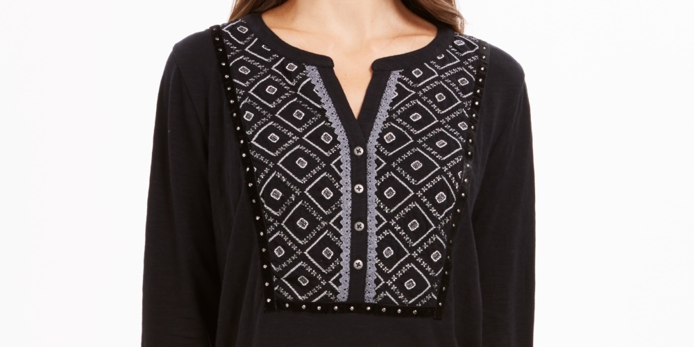 Blusa feminina estampada com mangas bufantes e abas estilo &amp; co, preta, tamanho pequeno grande