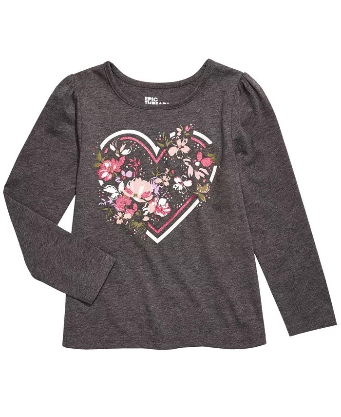 Camiseta infantil feminina Epic Threads com estampa de coração e flor, cinza, tamanho 2T