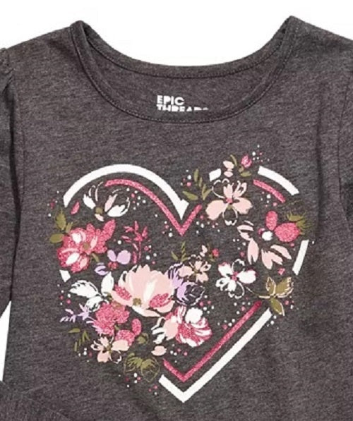 Camiseta infantil feminina Epic Threads com estampa de coração e flor, cinza, tamanho 2T