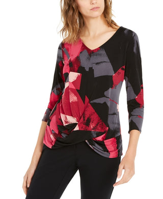 Blusa feminina Alfani estampada drapeada com manga 3/4 rosa tamanho XX-G