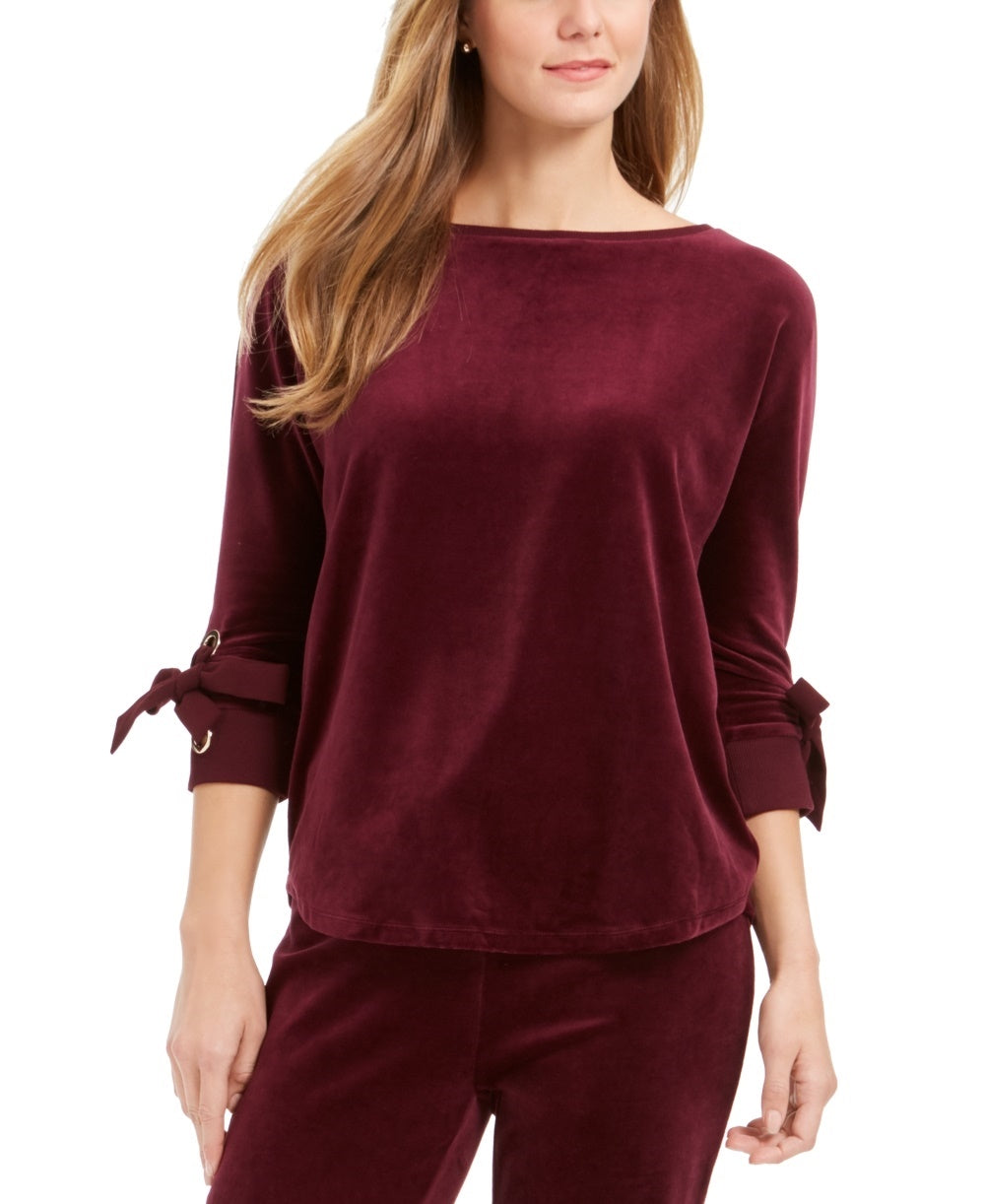 Charter Club Blusa de veludo com manga amarrada, feminina, roxa, tamanho pequeno