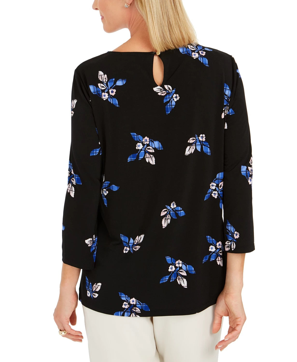Blusa plissada com estampa floral feminina Charter Club, preta, tamanho médio