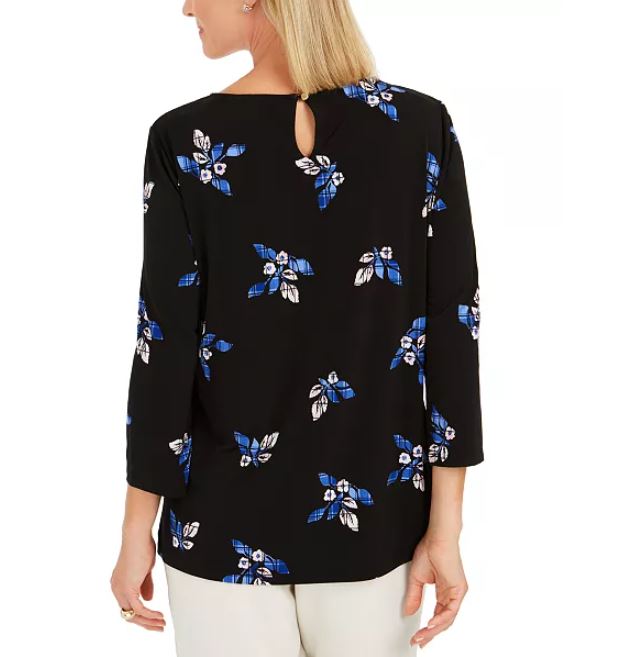 Blusa plissada com estampa floral feminina Charter Club, preta, tamanho XX-G