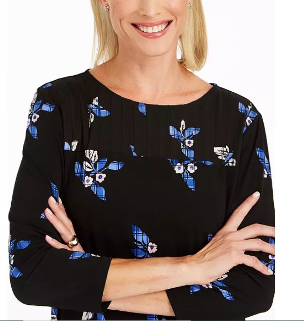 Blusa plissada com estampa floral feminina Charter Club, preta, tamanho XX-G