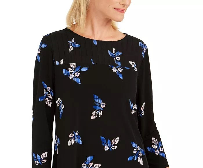 Charter Club Top Feminino Petite Floral Pintucked Preto Tamanho Médio