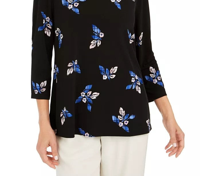 Charter Club Top Feminino Petite Floral Pintucked Preto Tamanho Médio