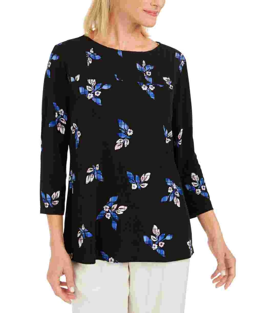 Top feminino com pregas florais Charter Club, preto, tamanho pequeno, extragrande