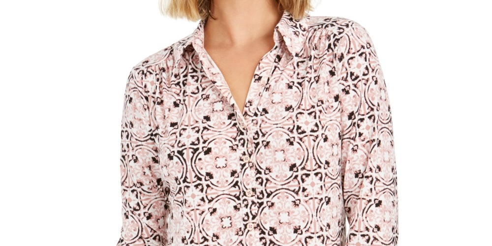 Camisa polo feminina Charter Club com estampa de manga 3/4, rosa, tamanho X-S