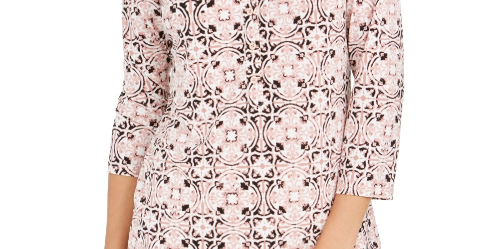 Camisa polo feminina Charter Club com estampa de manga 3/4, rosa, tamanho X-S