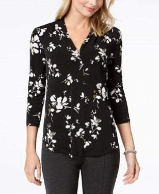 Charter Club Women's Printed V-Neck Top Black Size Medium