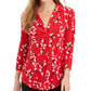 Blusa feminina com estampa floral e decote em V, plissada, vermelha, tamanho grande